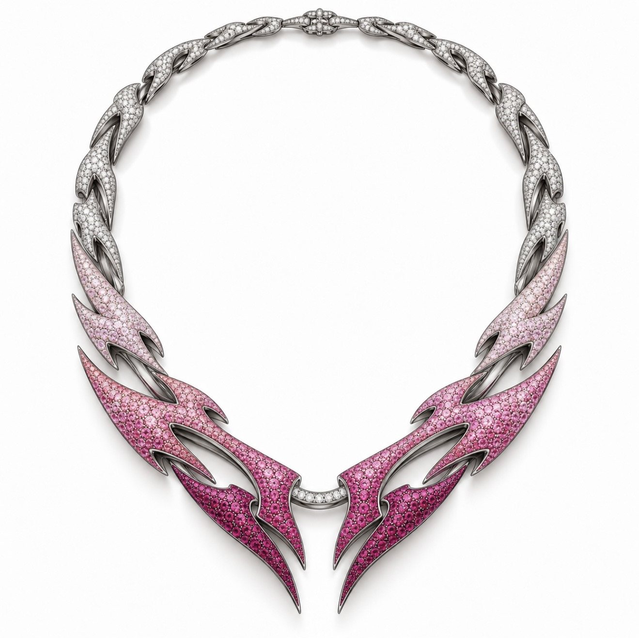 Articulated collar with rose to ruby flame segments