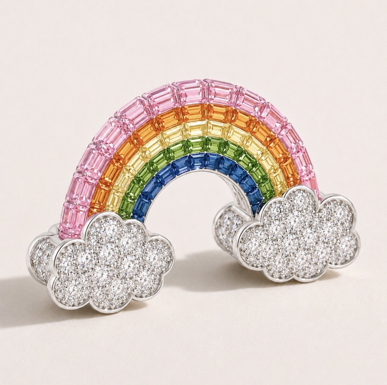 Rainbow brooch with diamond clouds