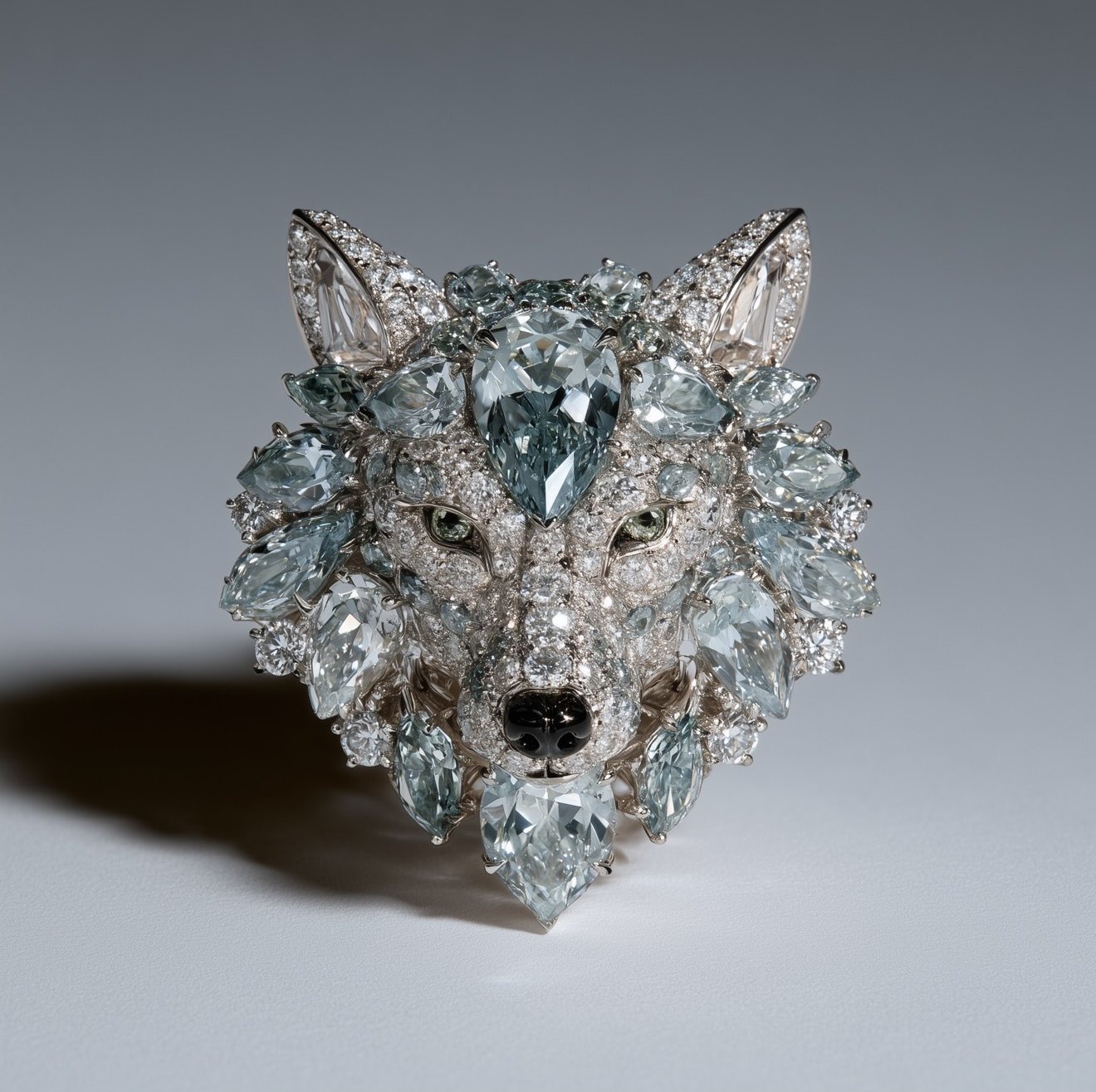 Wolf ring in icy blue stones
