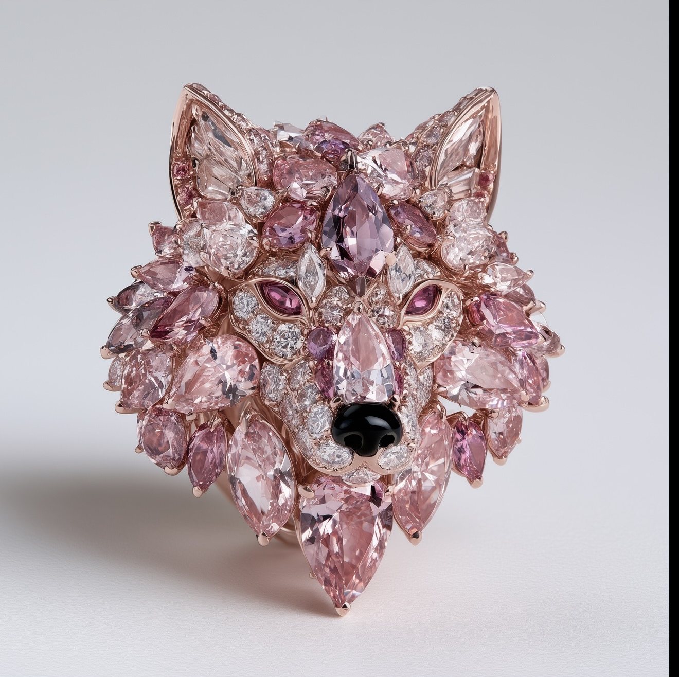 Wolf head ring set with blush stones