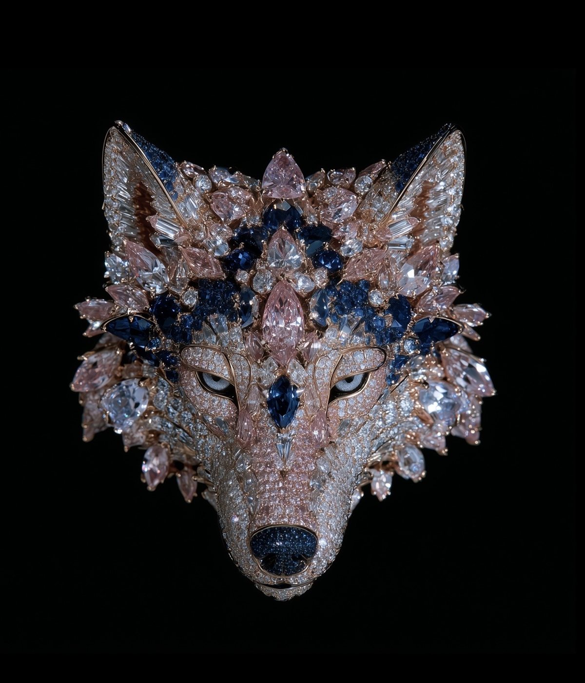 Wolf head ring in pink and blue stones on black