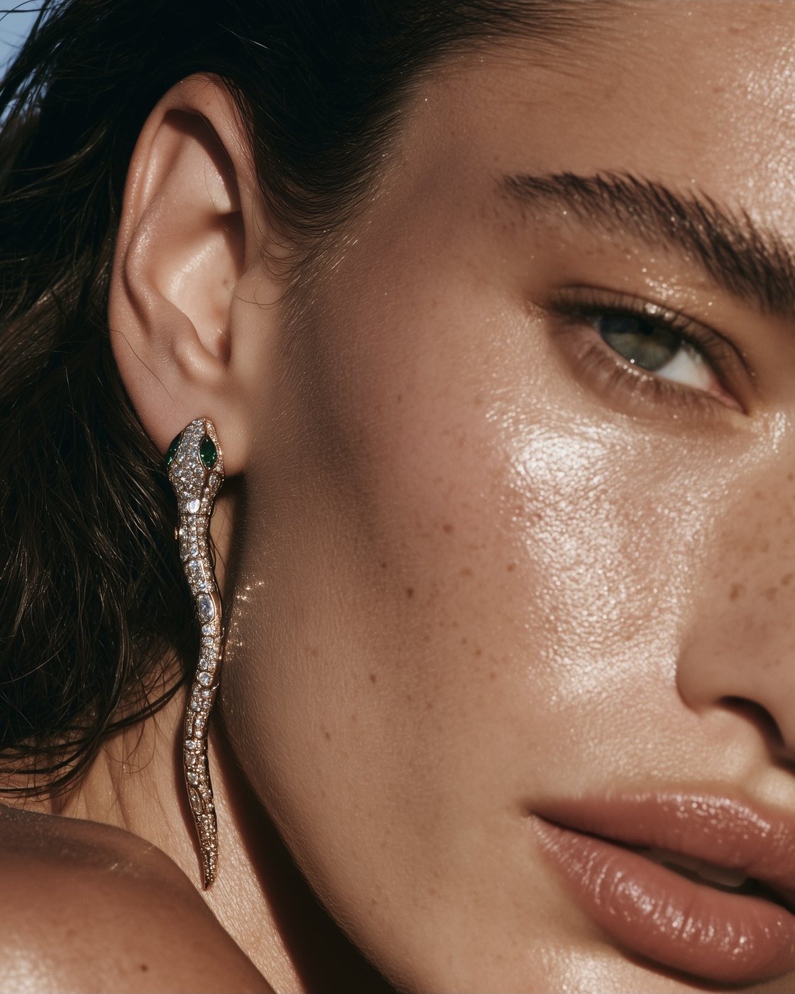 Long serpent drop earring worn