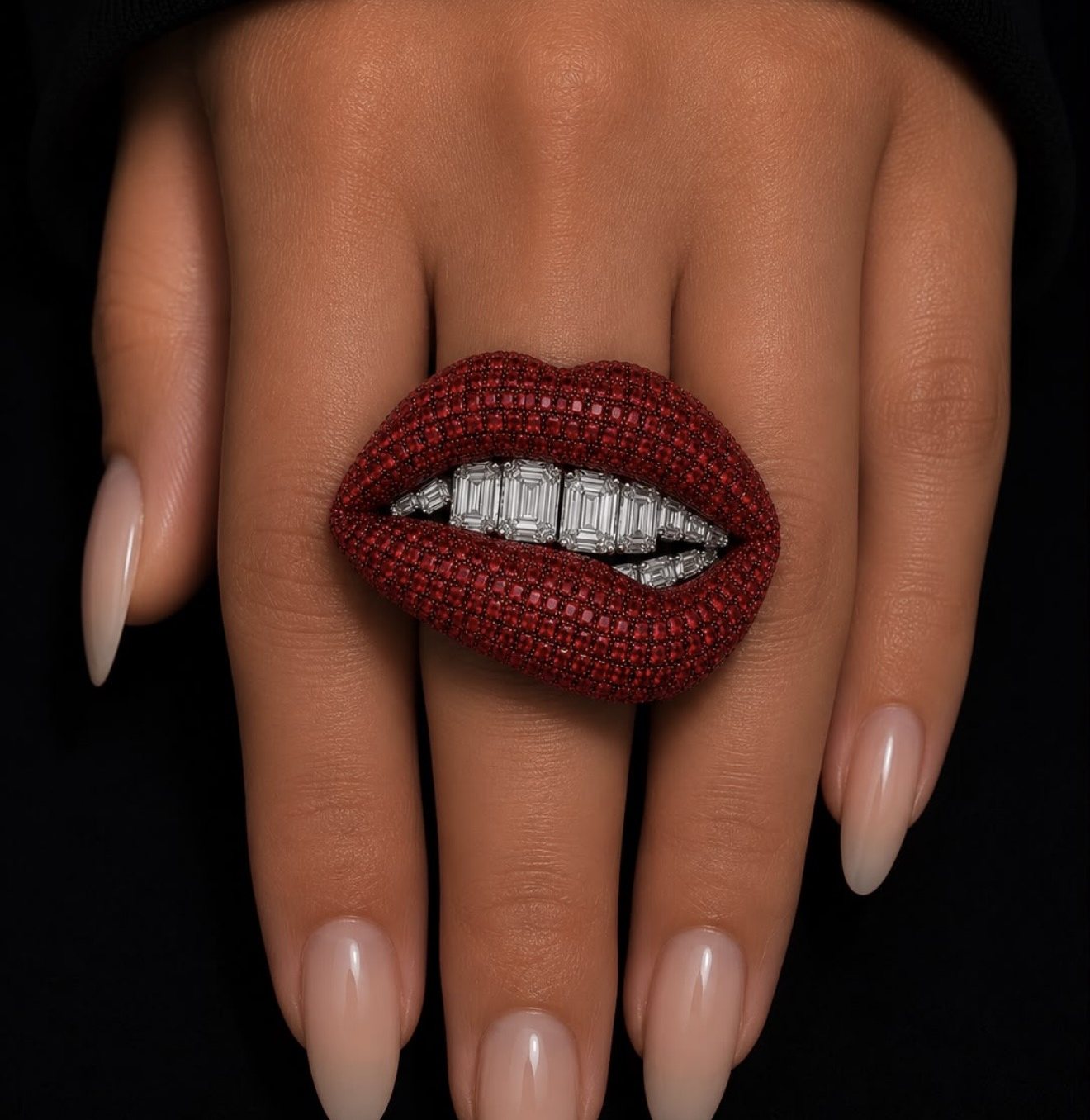 Ruby lips ring with baguette diamond teeth worn on the hand