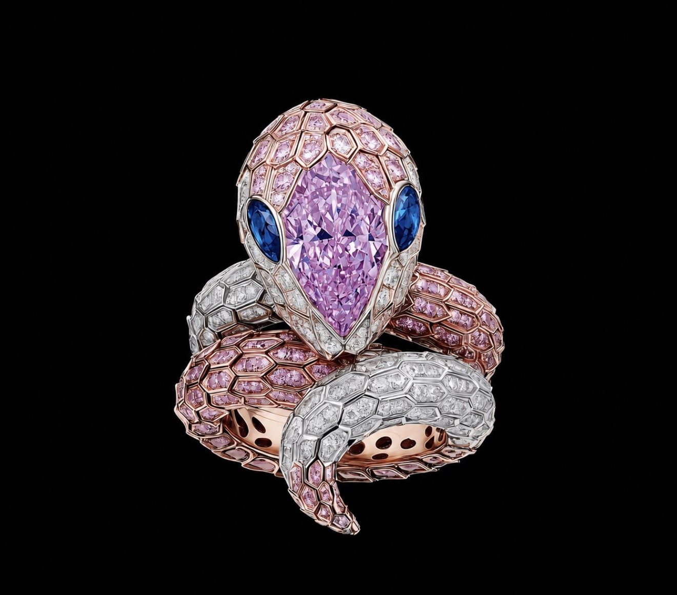 Snake ring in pink and white pavé with a violet head stone