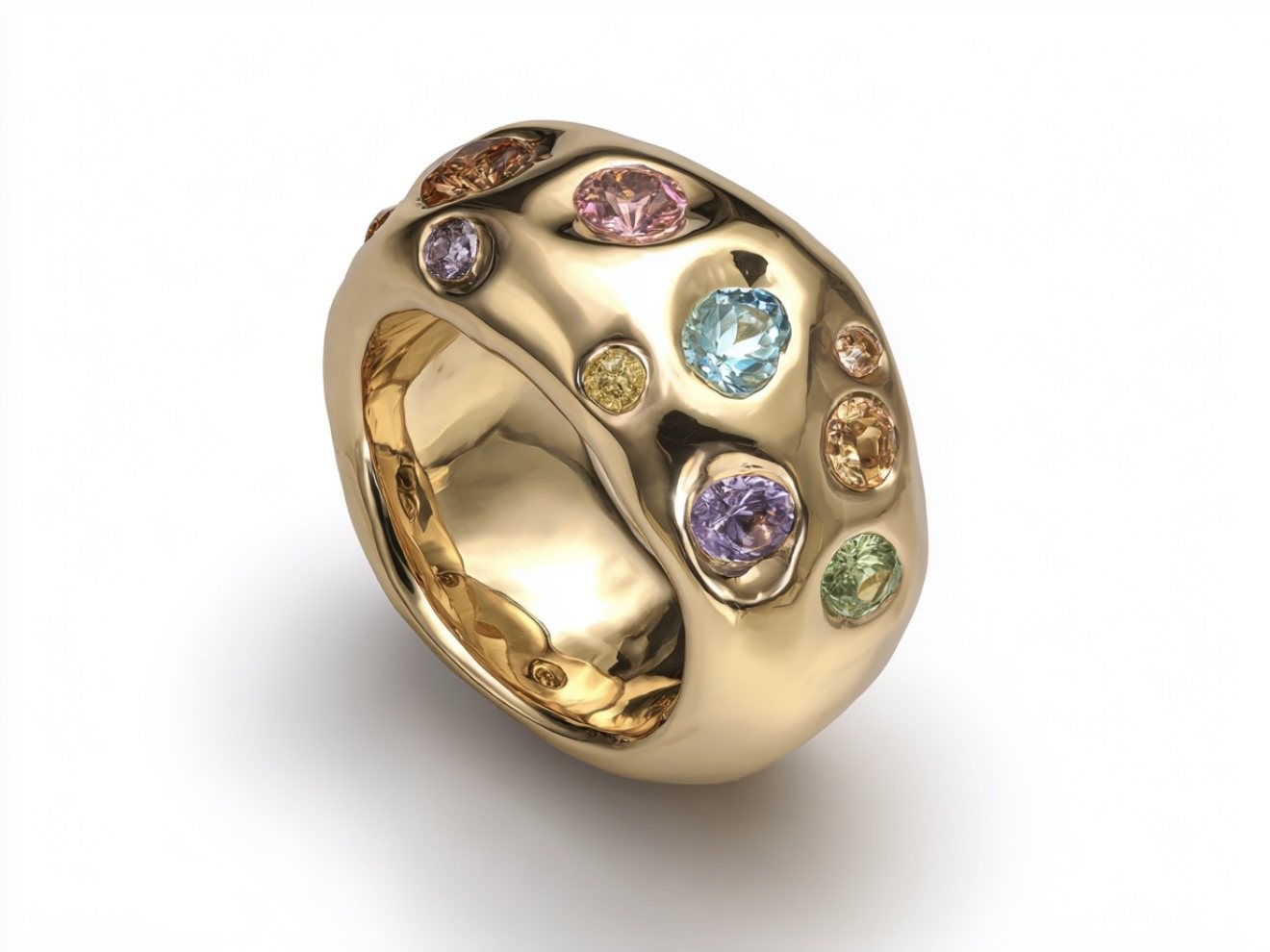 Domed gold band with scattered coloured stones
