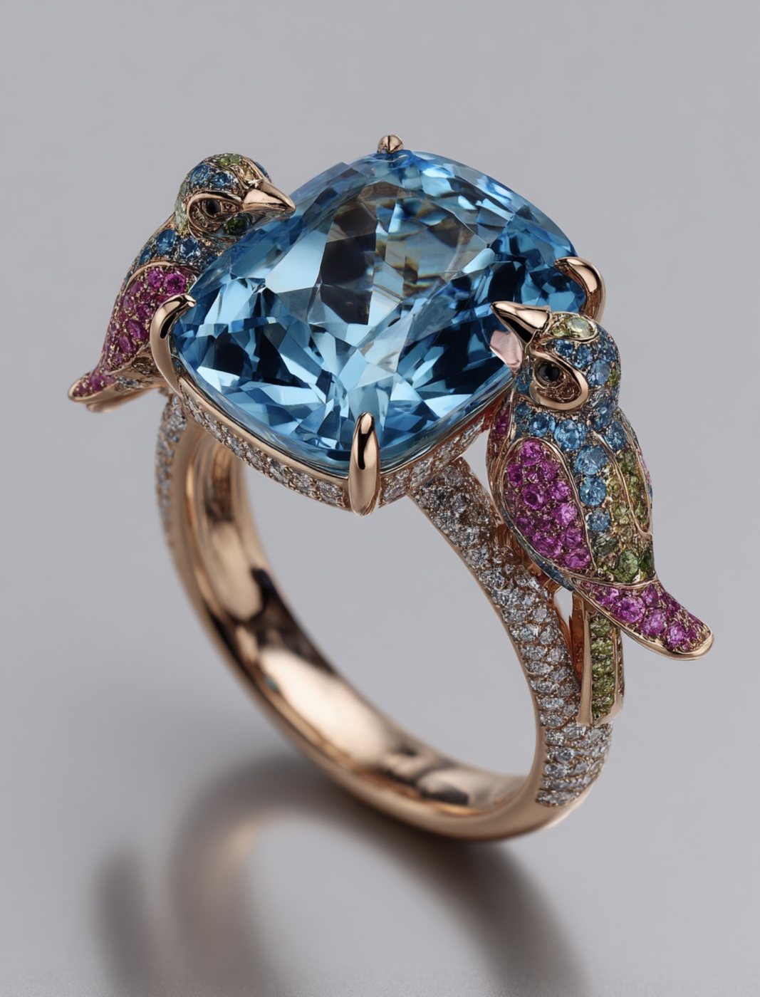 Cocktail ring with large blue stone held by two birds