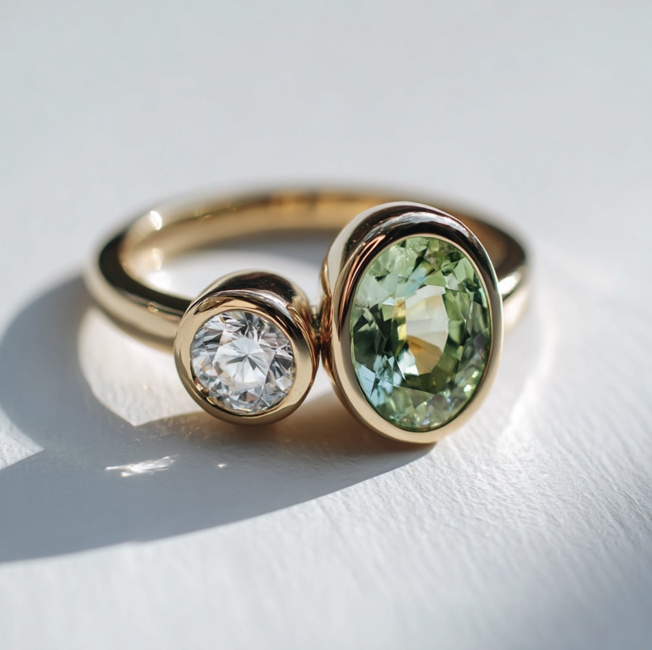 Toi et moi ring with green stone and diamond